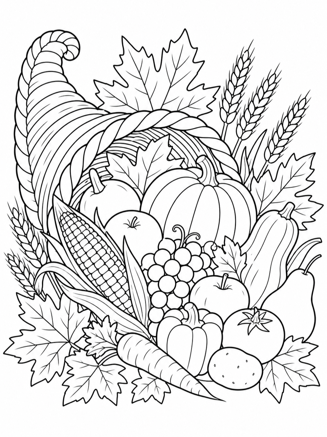 Cornucopia With Harvest Produce — thanksgiving coloring pages