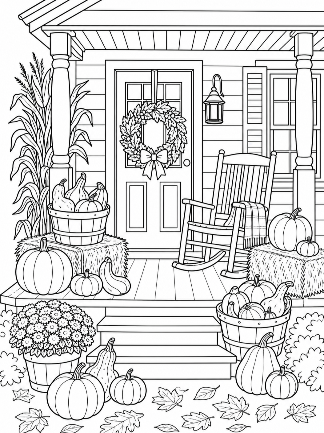 Decorated Autumn Porch — thanksgiving coloring pages