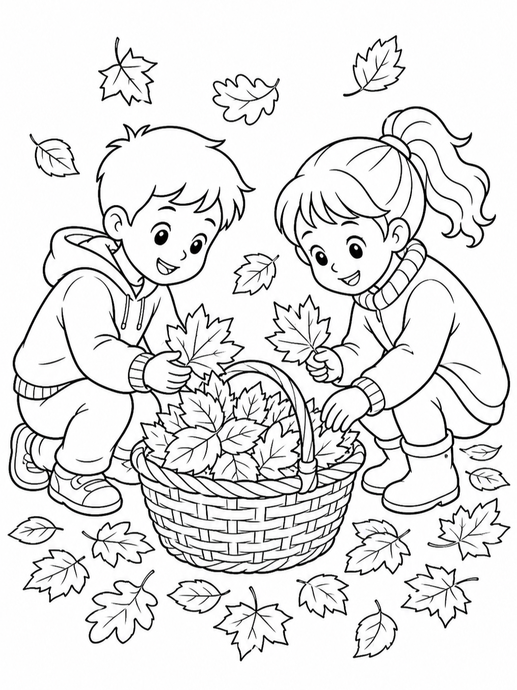 Kids Raking Autumn Leaves — thanksgiving coloring pages