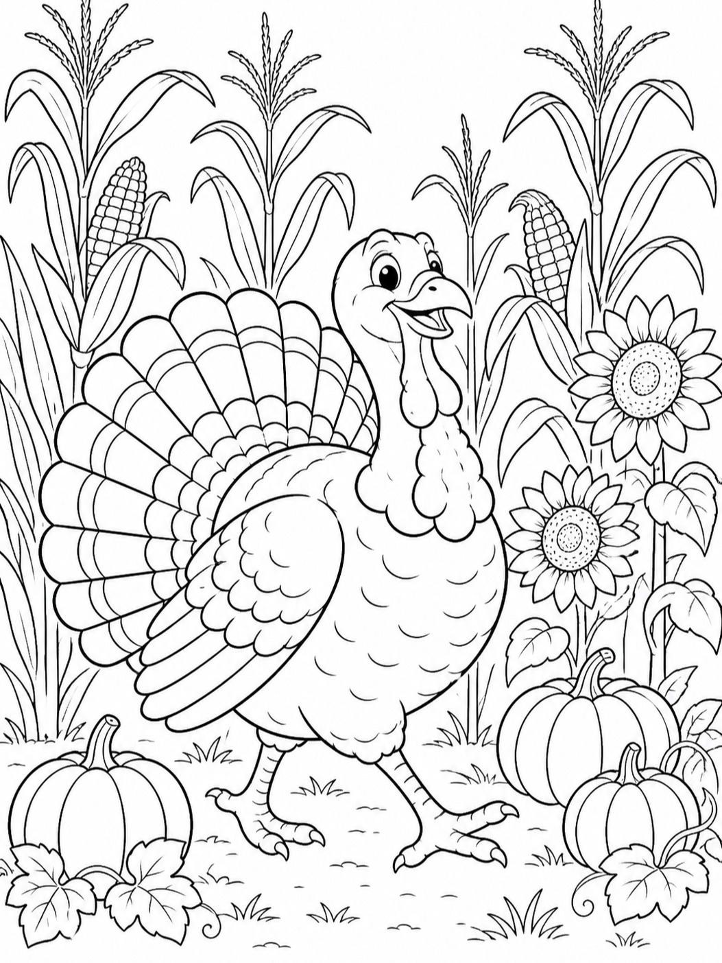 Turkey Among Sunflowers — thanksgiving coloring pages