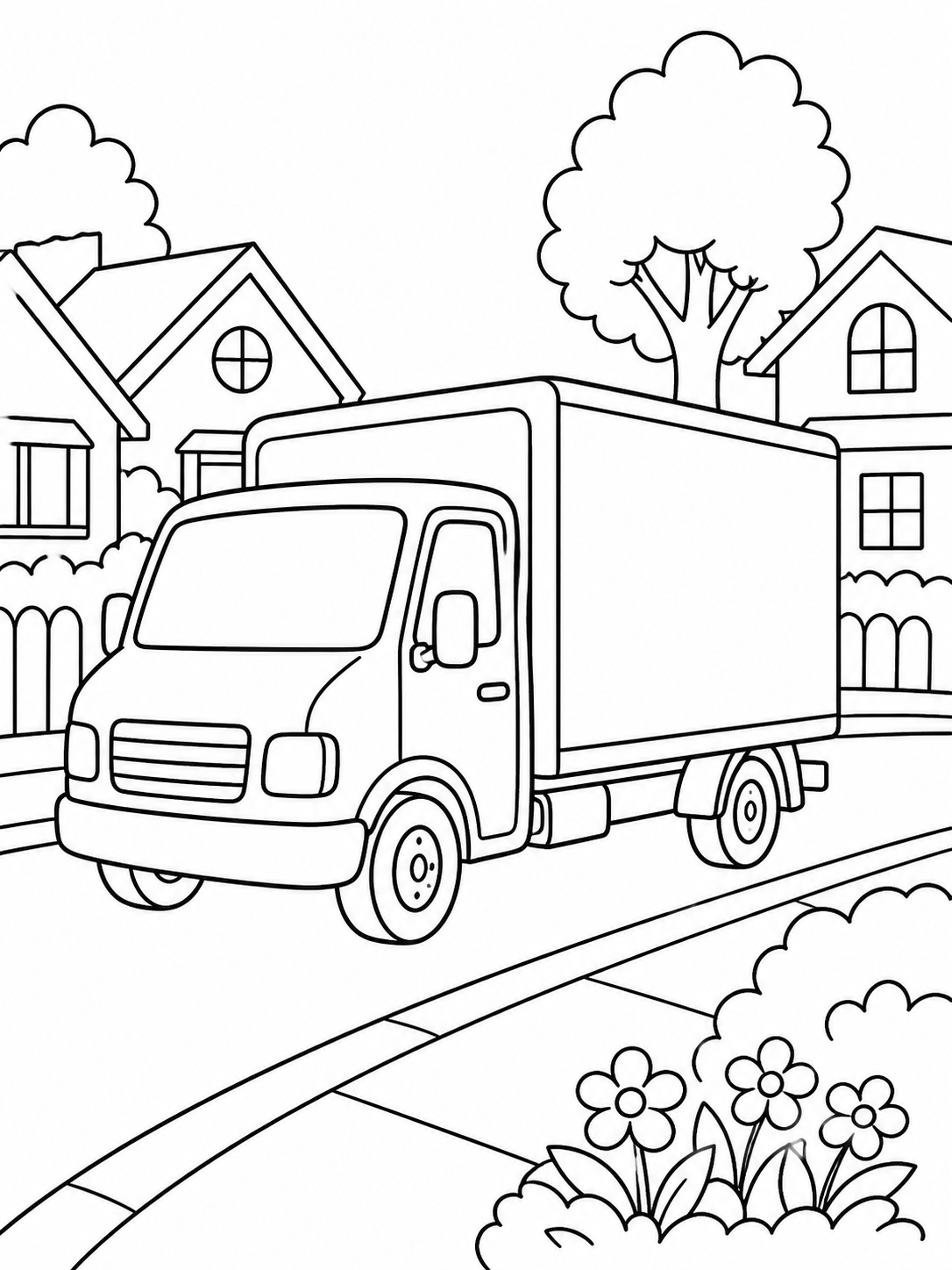 Delivery Truck In Neighborhood — truck coloring pages