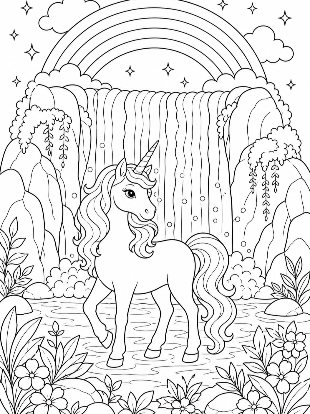 Unicorn By Waterfall — unicorn coloring pages