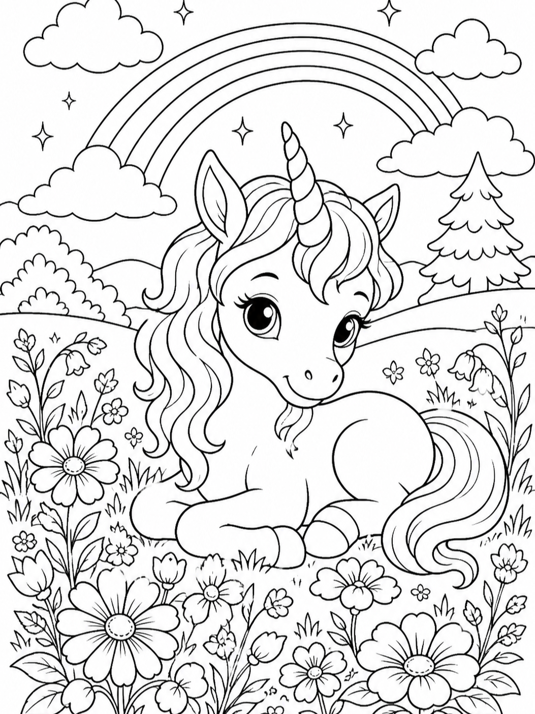 Unicorn Resting In Flowers — unicorn coloring pages
