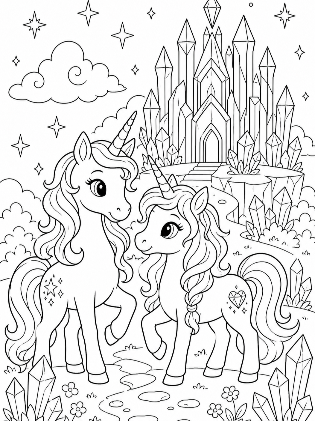Unicorns Near Crystal Castle — unicorn coloring pages
