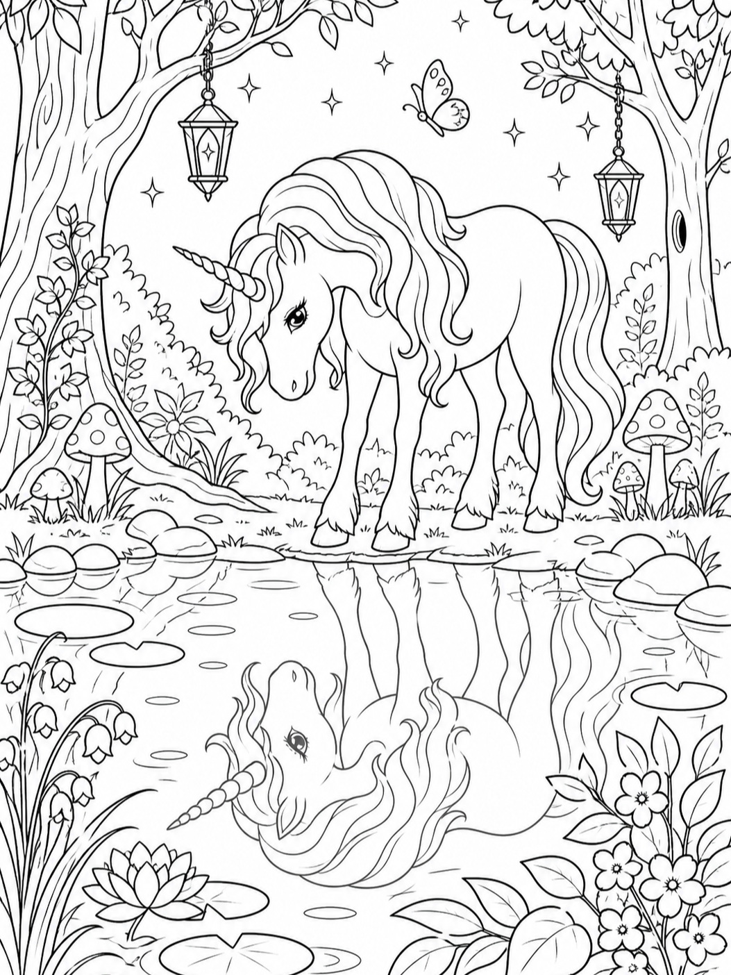 Unicorn By Forest Pond — unicorn coloring pages