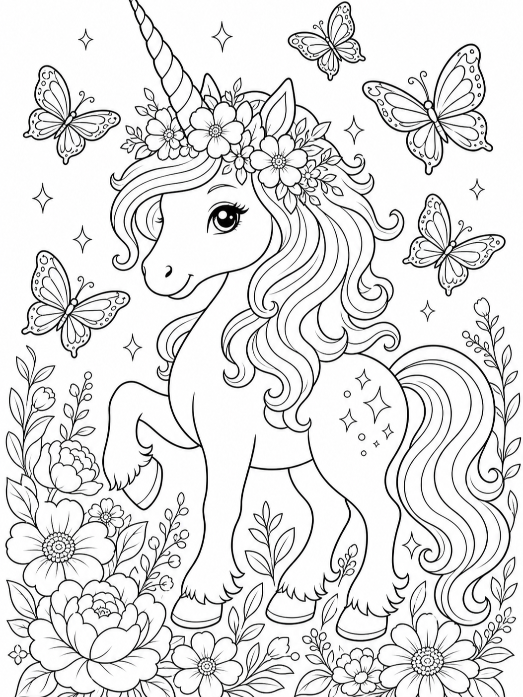 Unicorn With Flower Crown — unicorn coloring pages