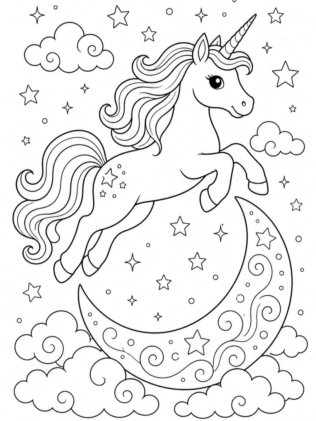 Unicorn Leaping Over Moon — unicorn coloring pages