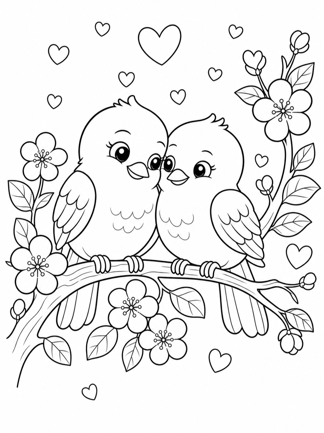 Lovebirds On A Branch — valentines day coloring pages