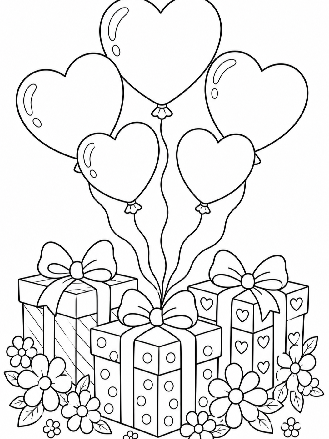 Heart Balloons And Gifts — valentines day coloring pages