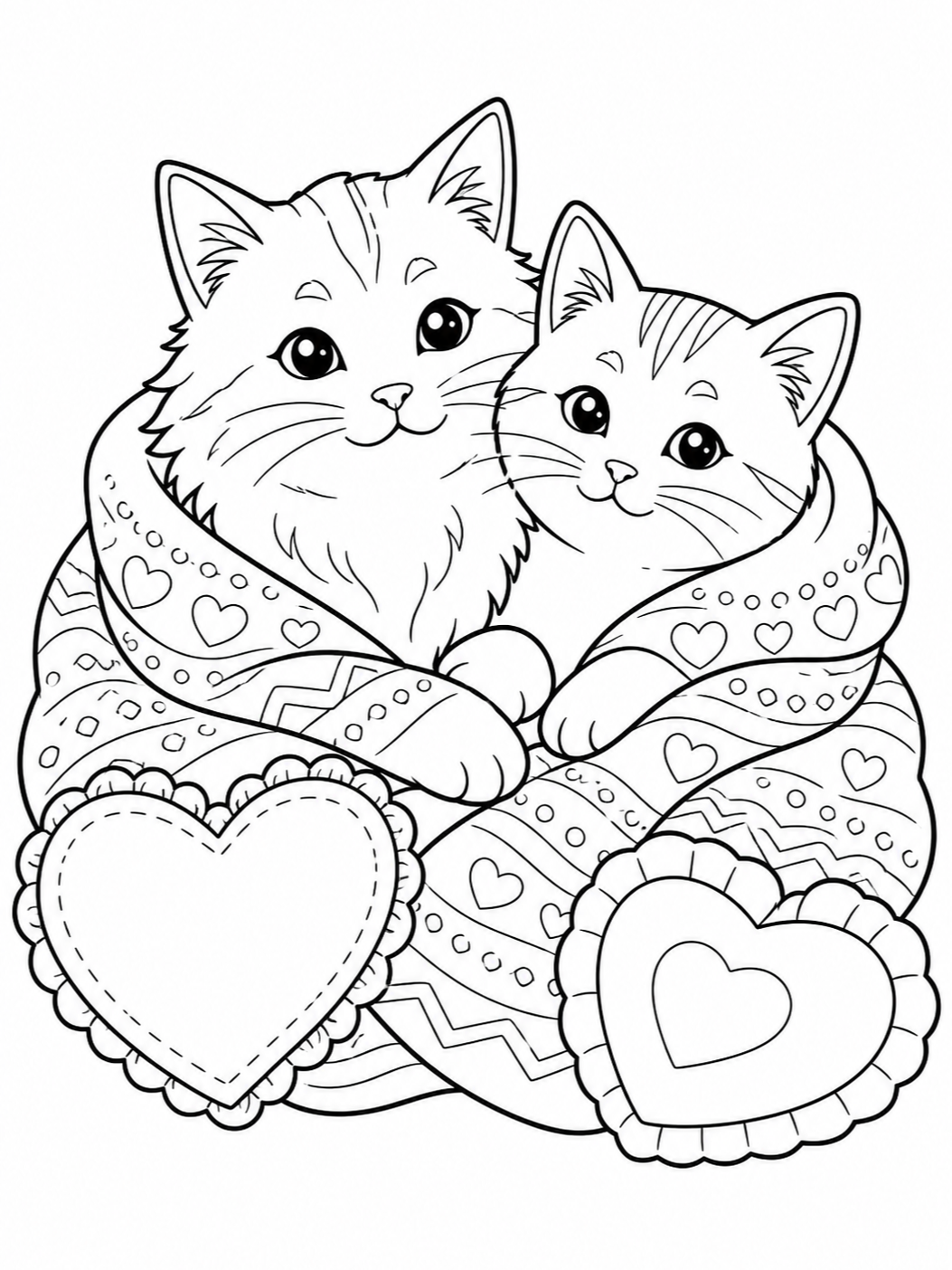 Kittens Wrapped In Blanket — valentines day coloring pages