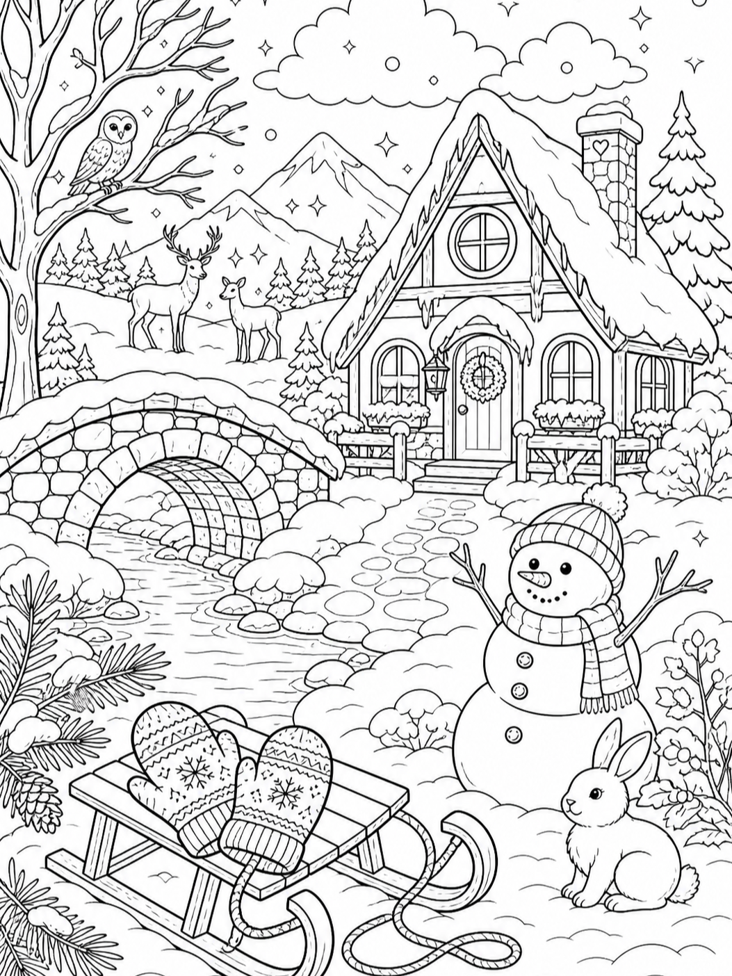 Deer By Snowy Cottage — winter coloring pages
