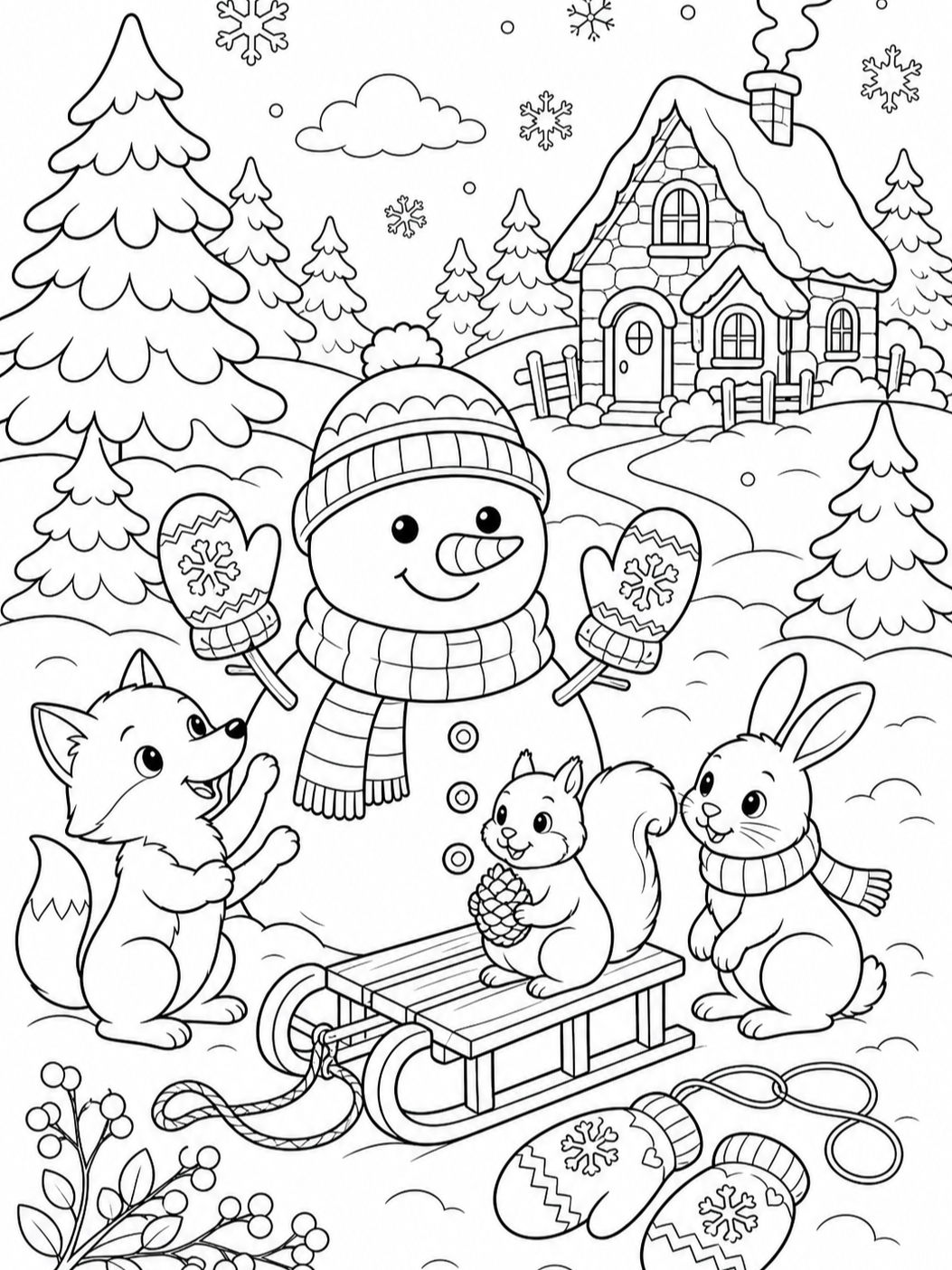 Snowman With Animal Friends — winter coloring pages