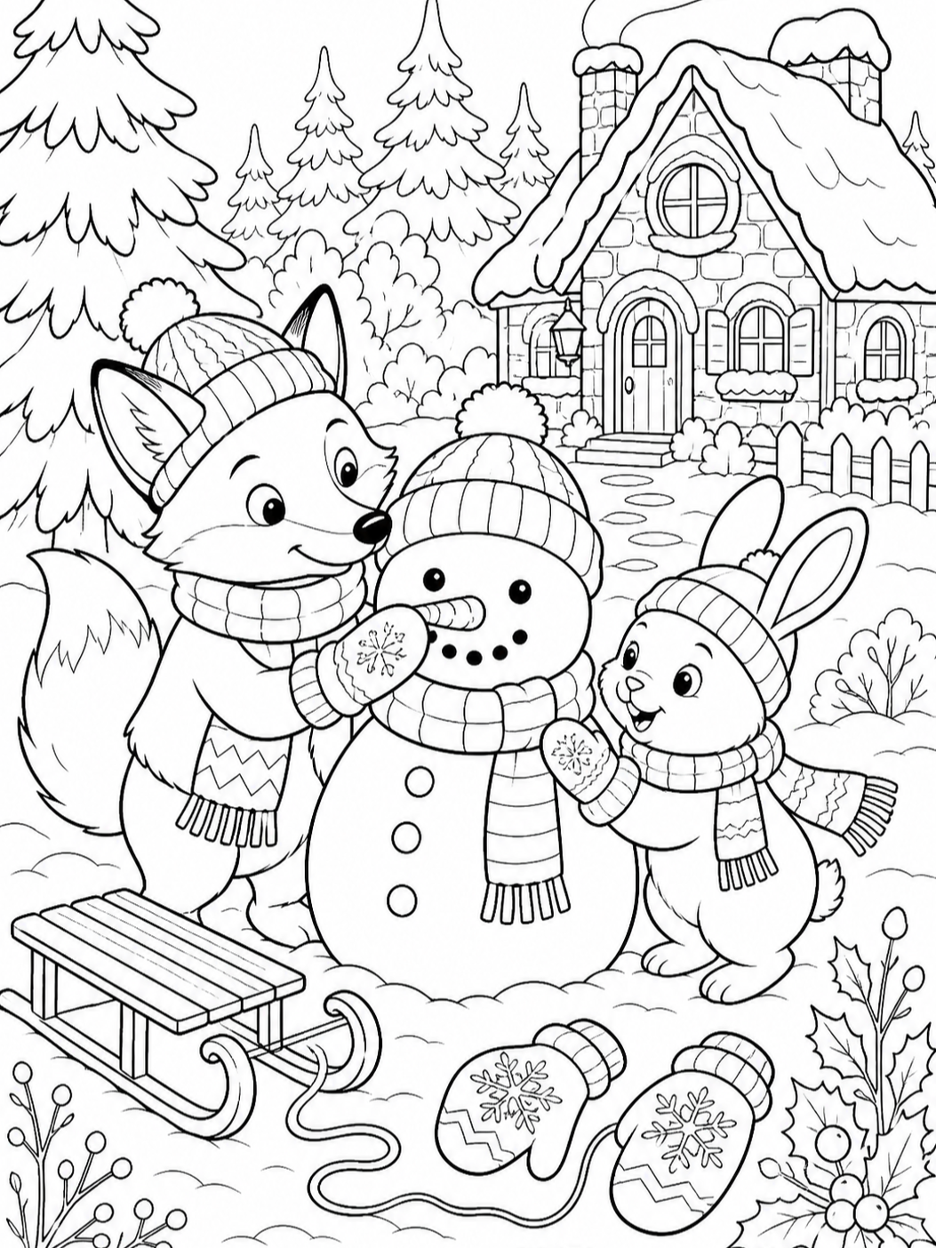 Fox And Snowman By Cottage — winter coloring pages