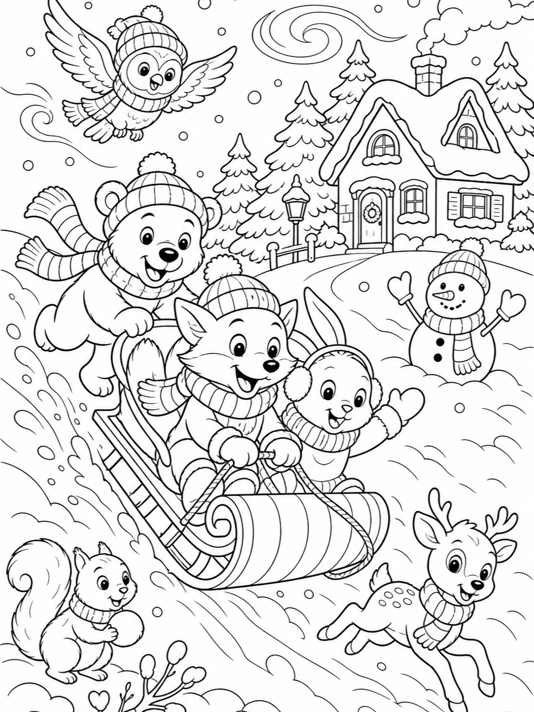 Animals Sledding Down Hill — winter coloring pages