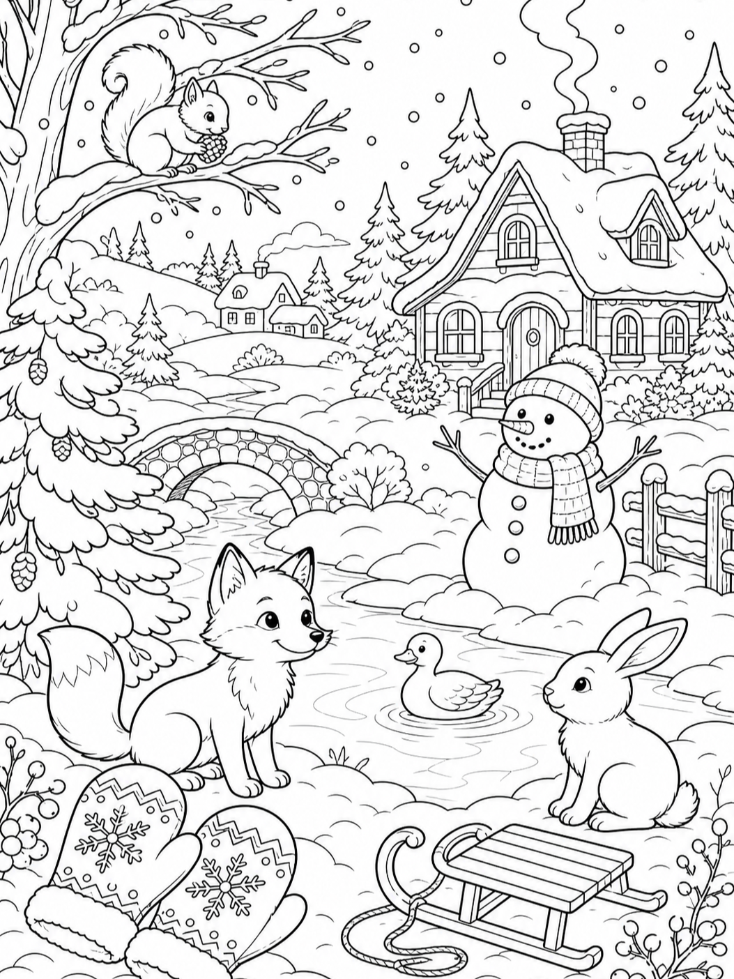 Fox By Snowy Cottage — winter coloring pages
