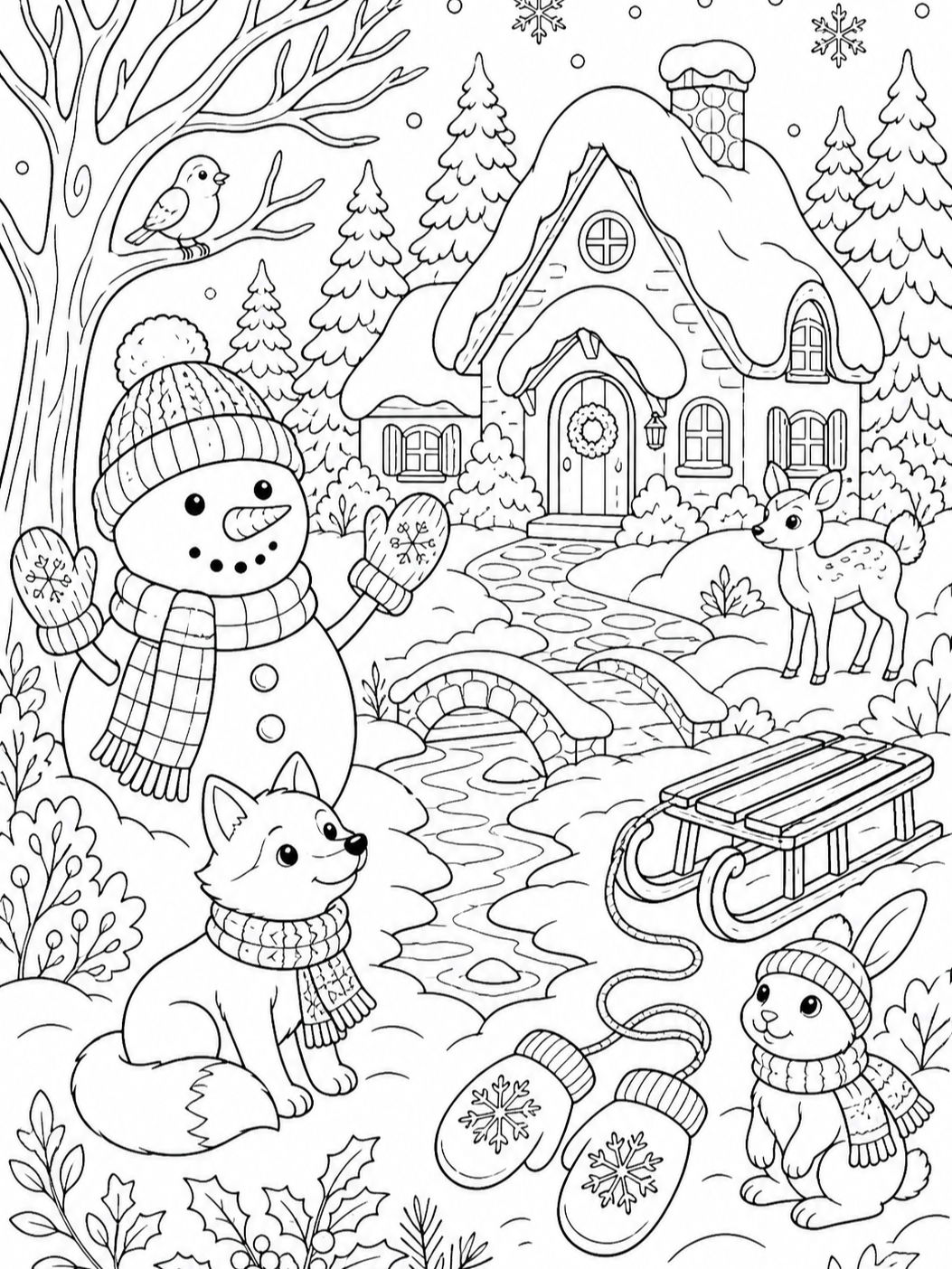 Snowman By Bridge Cottage — winter coloring pages