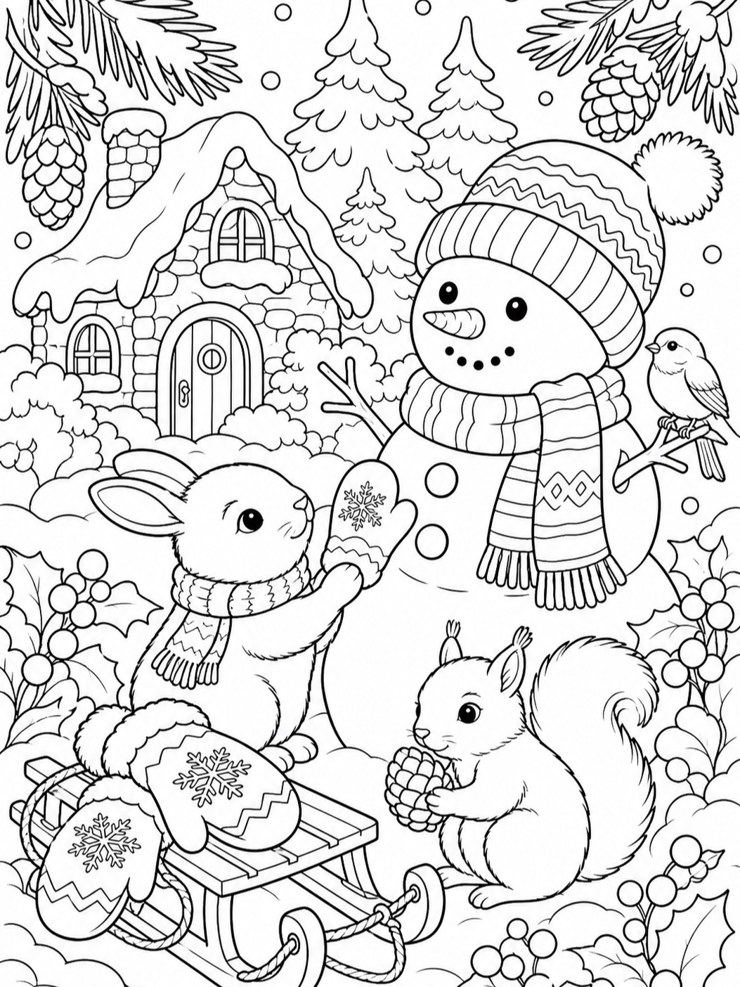 Snowman With Squirrel And Rabbits — winter coloring pages
