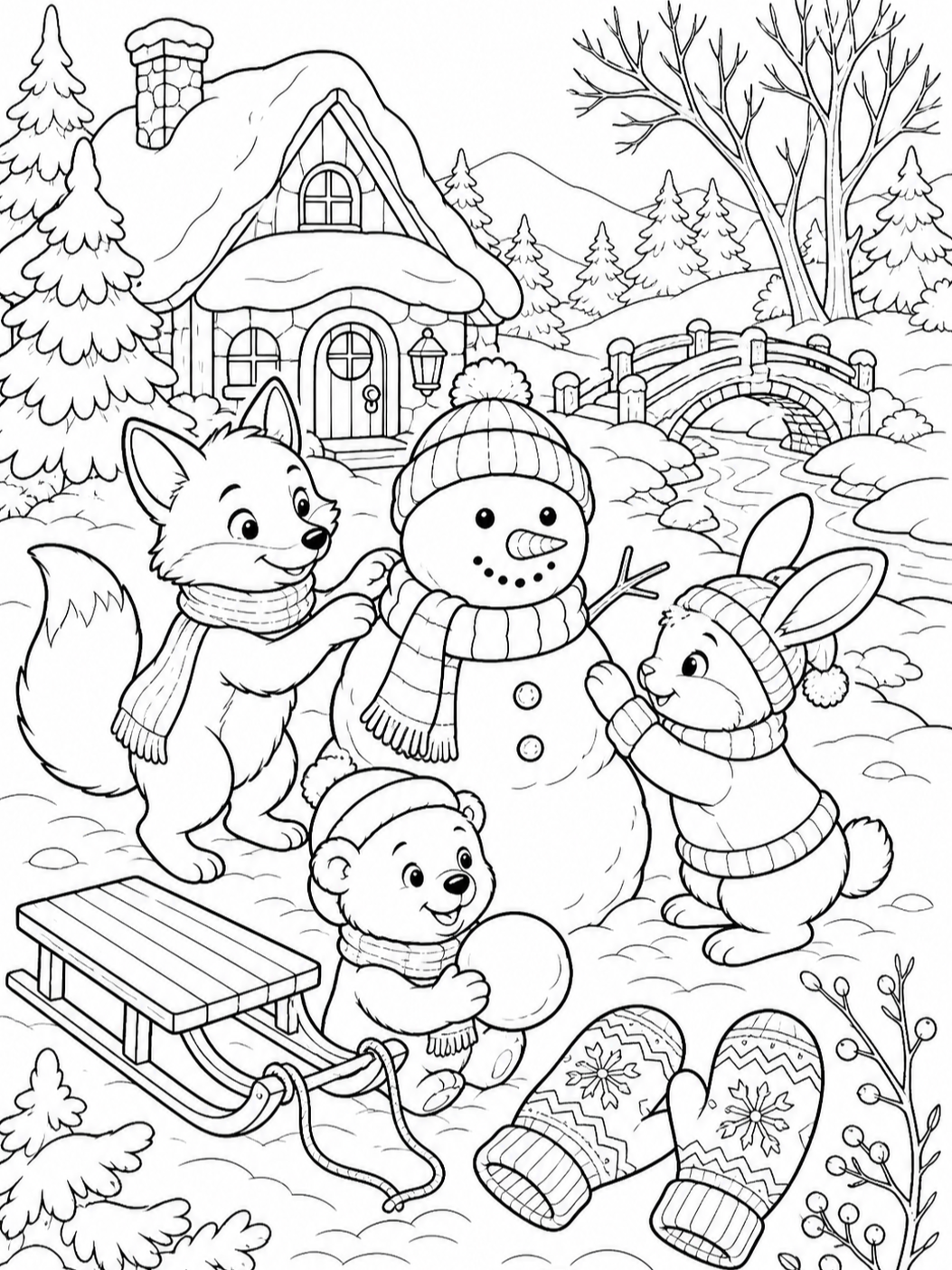 Fox And Bear By Snowman — winter coloring pages