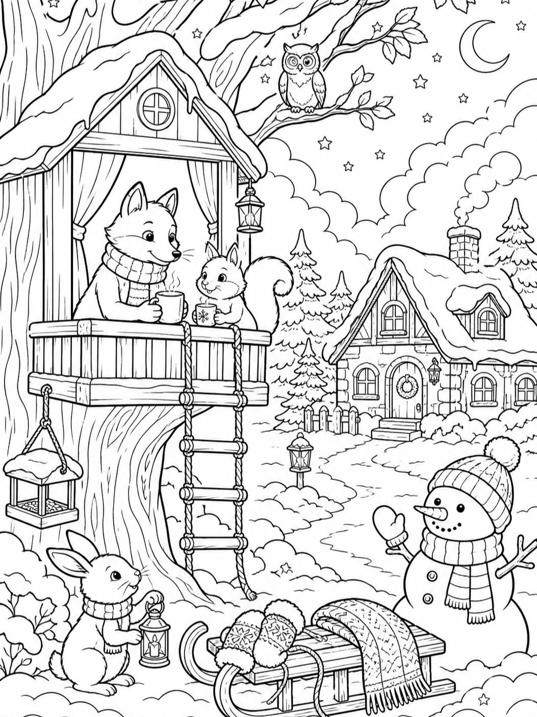 Foxes In Winter Treehouse — winter coloring pages