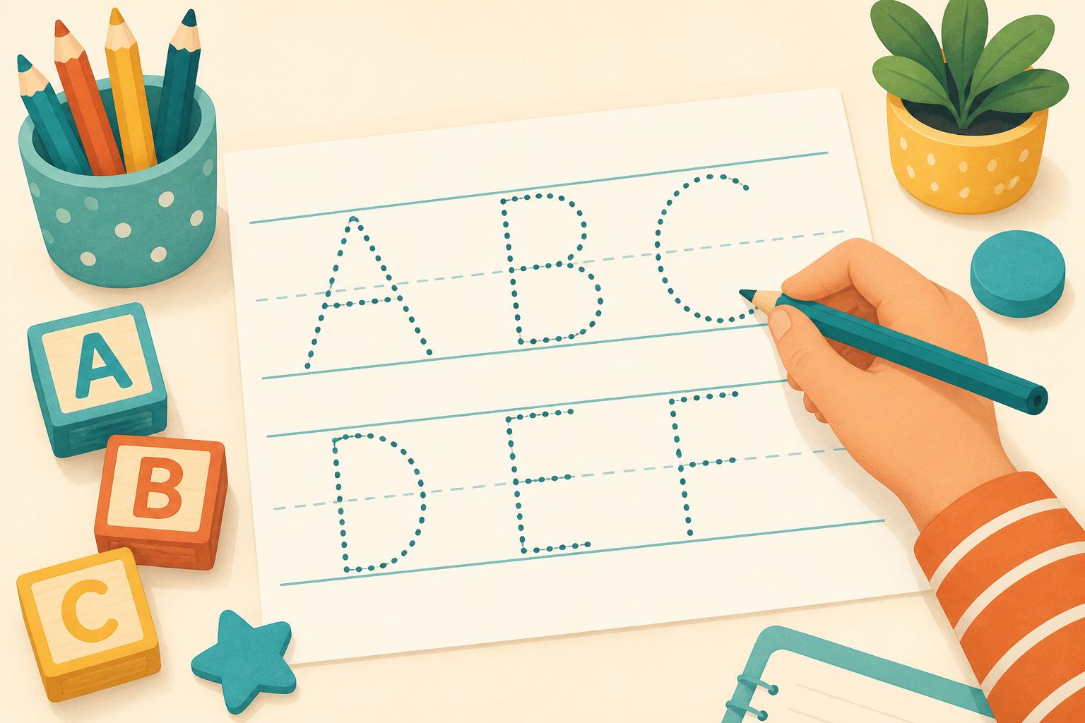Child tracing alphabet letter shapes beside wooden blocks
