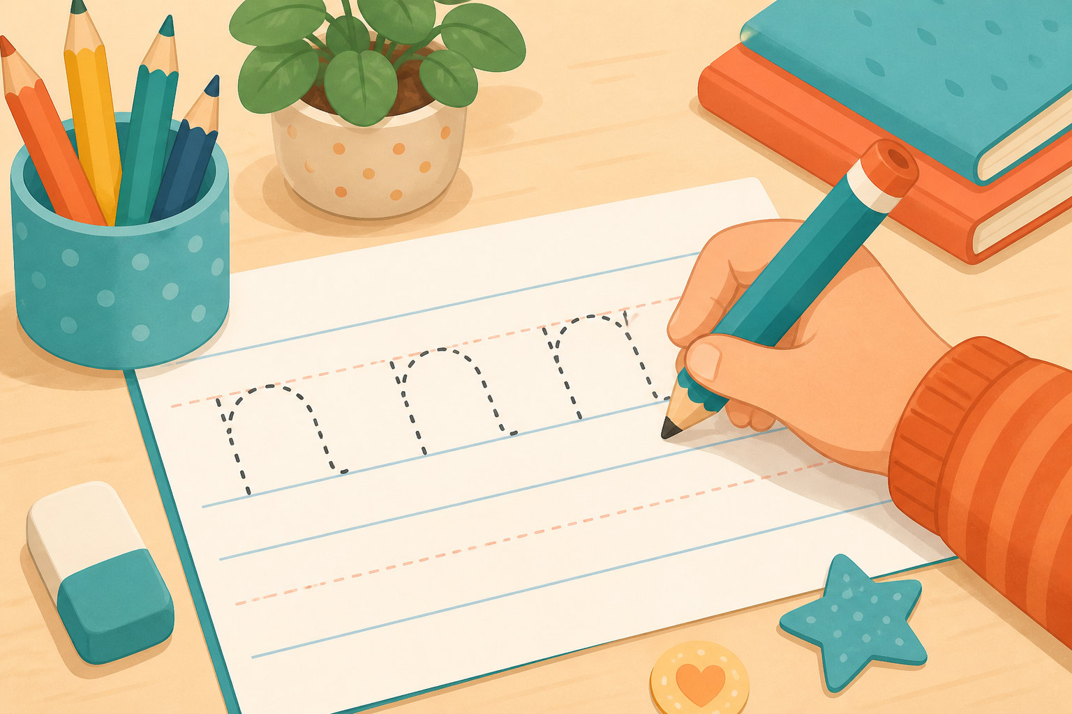 Child tracing a name on ruled handwriting paper